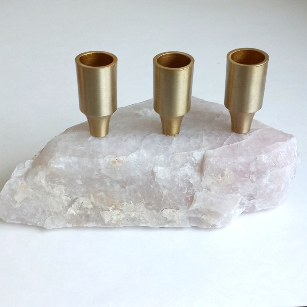 Gorgeous Real Pink Quartz & Brass Taper  Candle Holder (Fits 3 Candles/ Tapers)